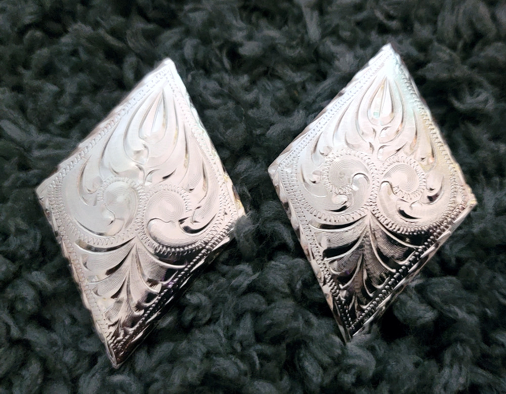 Silver Engraved Blanket Diamonds by Action Company PAIR! 3" top to bottom